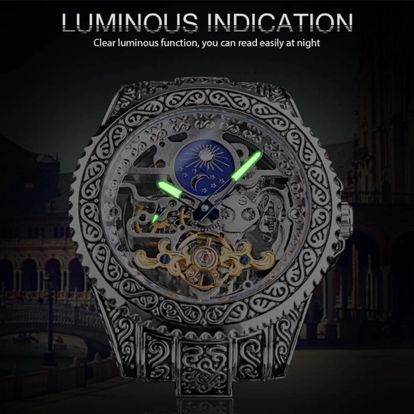 Forsining Skeleton Carved Tourbillon Mechanical Watches Moon Dial Mens Watch - Picture 4 of 11